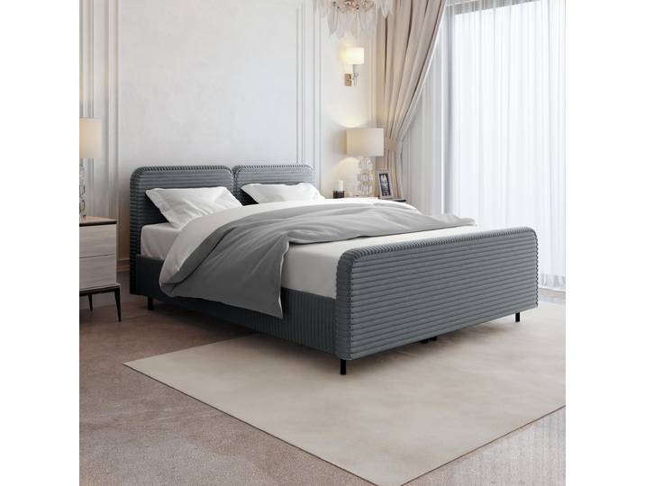 Doppelbett LEA 140x200 Polsterbett mit Bettkasten, Matratze & Topper – TILIA - Polsterstoff Grau