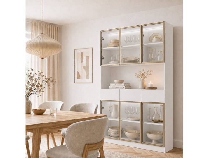FUFU&GAGA Glasvitrine LED Sammlervitrine 175-200cm hoch, Push-to-Open, Weiß/Schwarz