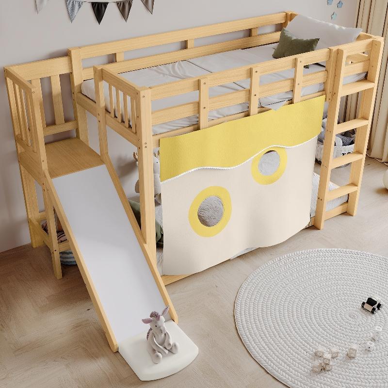 Kinderetagenbett 90x200 mit Rutsche, Treppe und Fallschutz, Natur, Holz Etagenbett aus Kiefer, MDF für Kinderzimmer