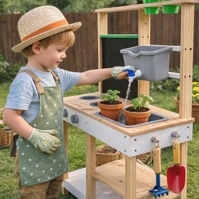 Teamson Kids Outdoor Wooden Mud Kitchen, Garden Playset, Kids Pretend Cooking Play Kitchen with Sink, Chalkboard, Backyard Toy