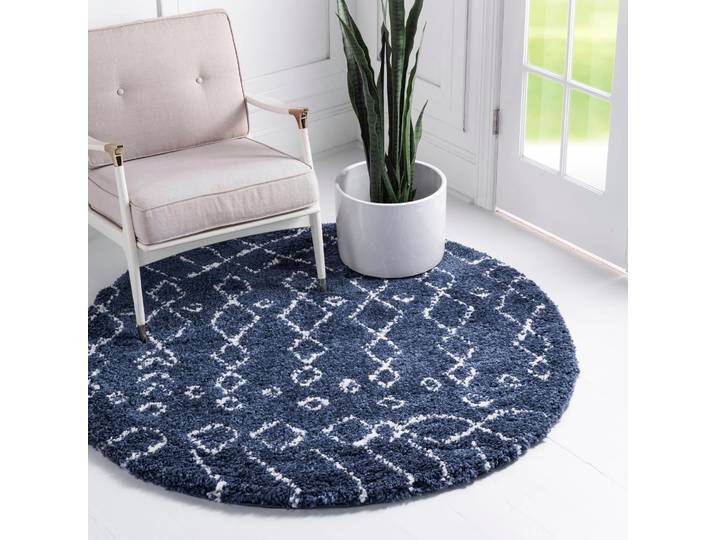 Hochflor-Teppich Temara Shag, LAGERRÄUMUNG , blau (marineblau, elfenbeinfarben), H:51mm Ø:152cm, Polypropylen (PP), MYFLAIR MÖBEL & ACCESSOIRES, Teppiche, Hochflor-Teppich, gewebt, Scandi Design, ideal im Wohnzimmer & Schlafzimmer