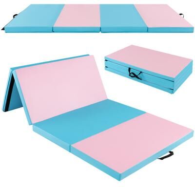 Costway Folding Gymnastics Mat with Carry Handles and Sweatproof Detachable PU Leather Cover-Blue