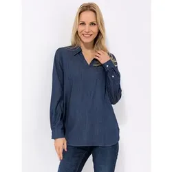 DENIM & CO. Bluse, Jeansoptik Zierausschnitt Brusttasche Quetschfalte