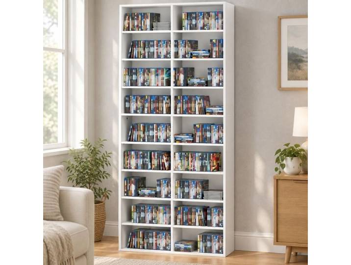 SENVIRO Bibliothèque CD DVD Blu-ray 78 5 x 24 x 175 cm 14 étagères réglables blanche panneaux de particules