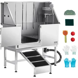 VEVOR Hundewaschstation Edelstahl, 1270x580x1495 mm Tierpflegewanne mit Rampe, PE-Wasserfilterplatte, Wasserhahn, Duschkopf & Seifenhalter, für große, mittelgroße & kleine Haustiere (linke Tür)