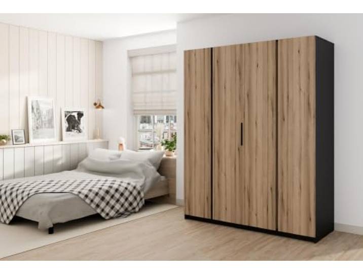 AX Living Nehir Schrank 200 cm Schwarz/Eiche Evoke, 4 Türen 4 glatte Türen – clever organisiert.