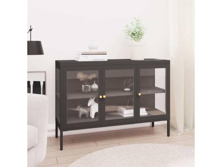 RJPLMFV Anrichte, Anthrazit, 105 x 35 x 70 cm, Stahl, Glas Verstellbare Regale, verstellbare Füße, Glastür, Aufbewahrung für Bücher und Dekoration