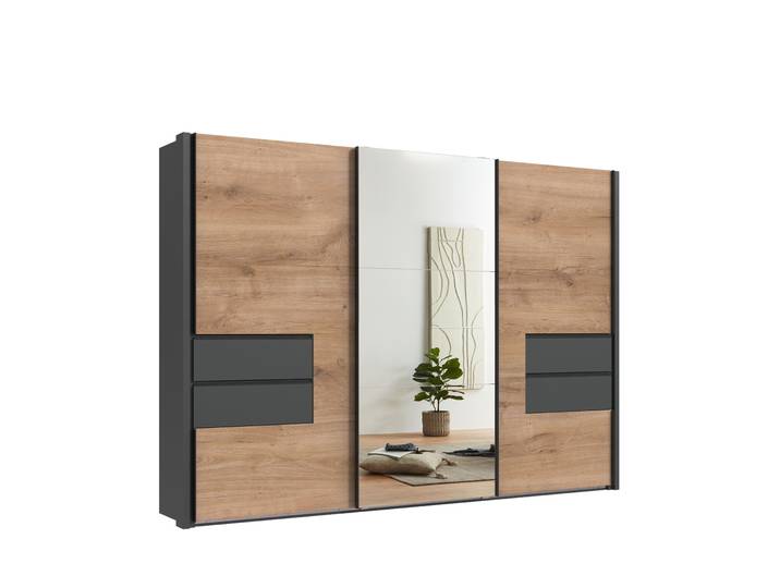Schwebetürenschrank Kleiderschrank 312cm Passep.Spiegel Schubl.Grau Eiche Dekor / 22064