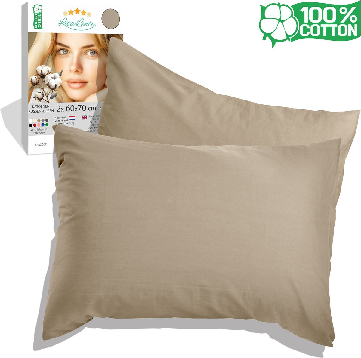 Set van 2 antibacteriële katoenen kussenslopen - Zand - 60x70 cm