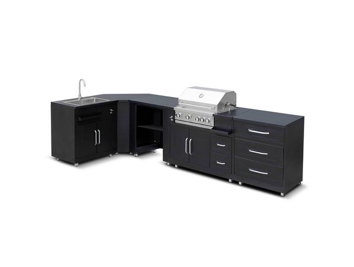 Outdoor-Küche aus Metall in Eckform mit Outdoor-Spüle, Grill und Stauraum – 5 Module