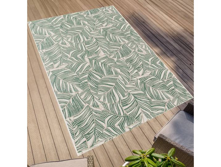 Teppich Outdoorteppich PARADISE - Leaves , grün (grün,hellbraun,beige), B:120cm H:4mm L:170cm, Polypropylen, PRIMAFLOR-IDEEN IN TEXTIL, Teppiche, Teppich, Flachgewebe, Palmblätter, In- und Outdoor geeignet, wasserfest