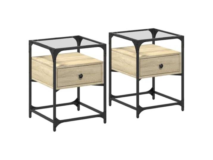KDVXBCQJH 2er Set Nachttische Glasplatte Sonoma-Eiche 40x40x55 cm Vielseitiger Beistelltisch im Schlafzimmer mit transparenter Glasablage und stabiler Stahlkonstruktion.