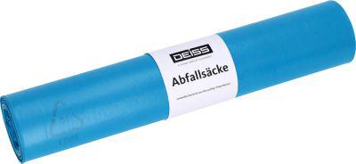 Deiss Abfallsäcke, 120 Liter, Recycling-LDPE, reißfest und vielseitig, B 700 x H 1100 mm, blau, 24 µm, 250 Stück