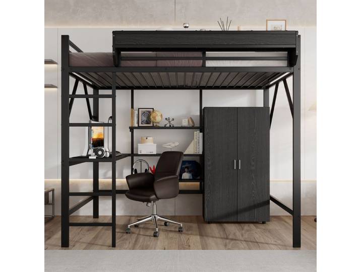 Lit mezzanine - ZEVKOR - Lit Mezzanine 2 Places 140×200 cm - Bureau intégré - Armoire & étagère - Métal/MDF noir