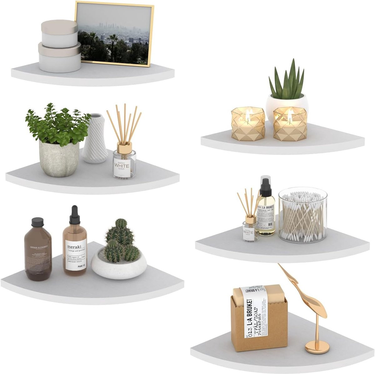 Set van 6 witte houten hoekplanken in ventilatorvorm voor de keuken, woonkamer of badkamer