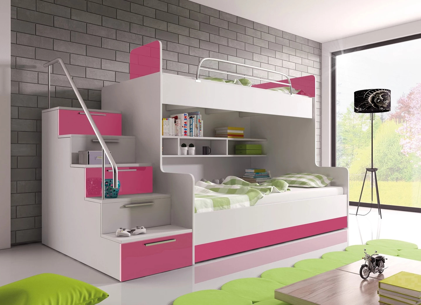 Etagenbett TOMI 2 , Doppelstockbett Hochglanz Kinderbett Hochbett , OHNE Matraze und Lattenrost (Weiss / Rosa, Treppenseite: LINKS)