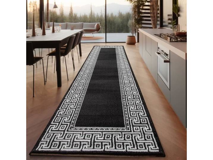 Tapis - Moderne - Tapis à poils courts - Motif grec - Noir - 80x300 cm