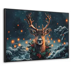 LEINWAND Bilder mit Rahmen - Hirsch - Weihnachten - Winter - Schnee - Weihnachtskranz - 120x80
