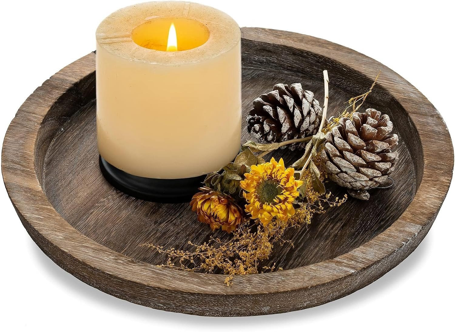 Rustieke ronde houten schaal voor decoratieve kaarsen, Diameter: 28 cm