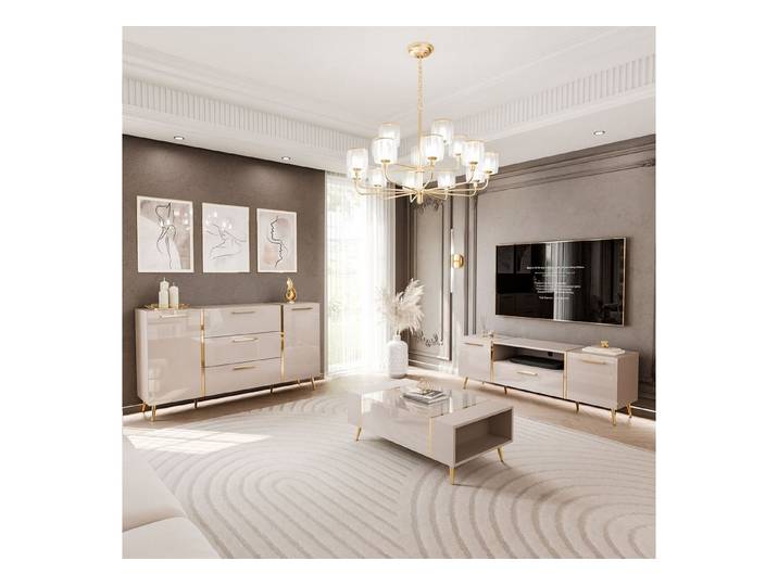 ALLHOUSE24 Wohnzimmer-Set DIAMANT Kaschmir Hochglanz GOLD Metallfüßen Wohnzimmer Möbel SET, Das Set besteht aus: Kommode, TV Schrank, Couchtisch