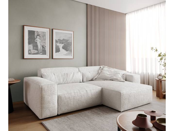 Ecksofa Sirpio 230x155 cm Bouclé Creme-Weiß Recamiere variabel, Ecksofas