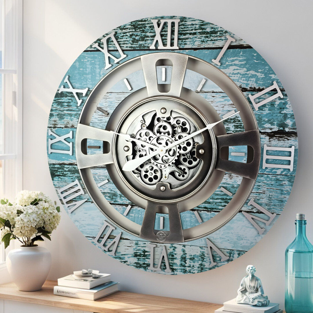 The Gears Clock Solid Wood Wall Clock Aqua Green Large 61cm