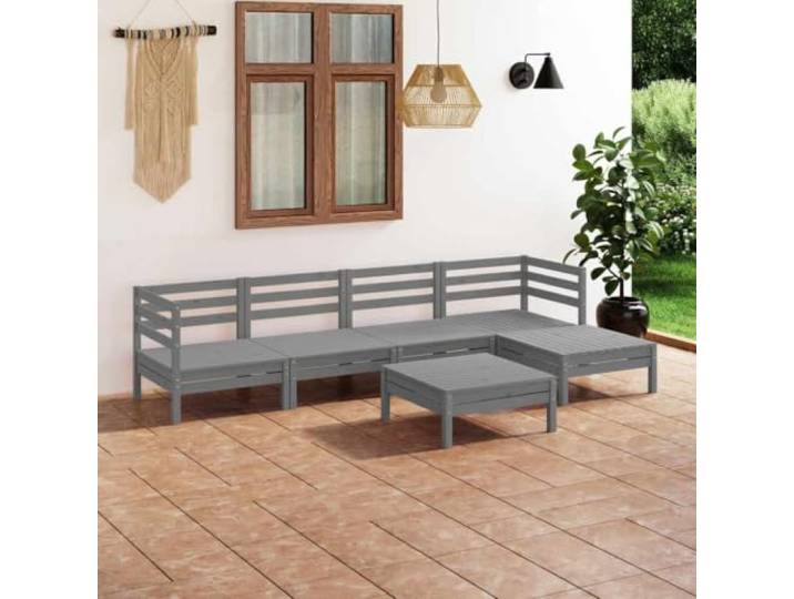 WDGJJFECNMUEHI Bois de pin massif Rustique modulable Gris 6 Pieces Salon de jardin 6 pieces en pin massif gris, canapes modulables d'exterieur avec repose-pieds, ensemble lounge pour terrasse