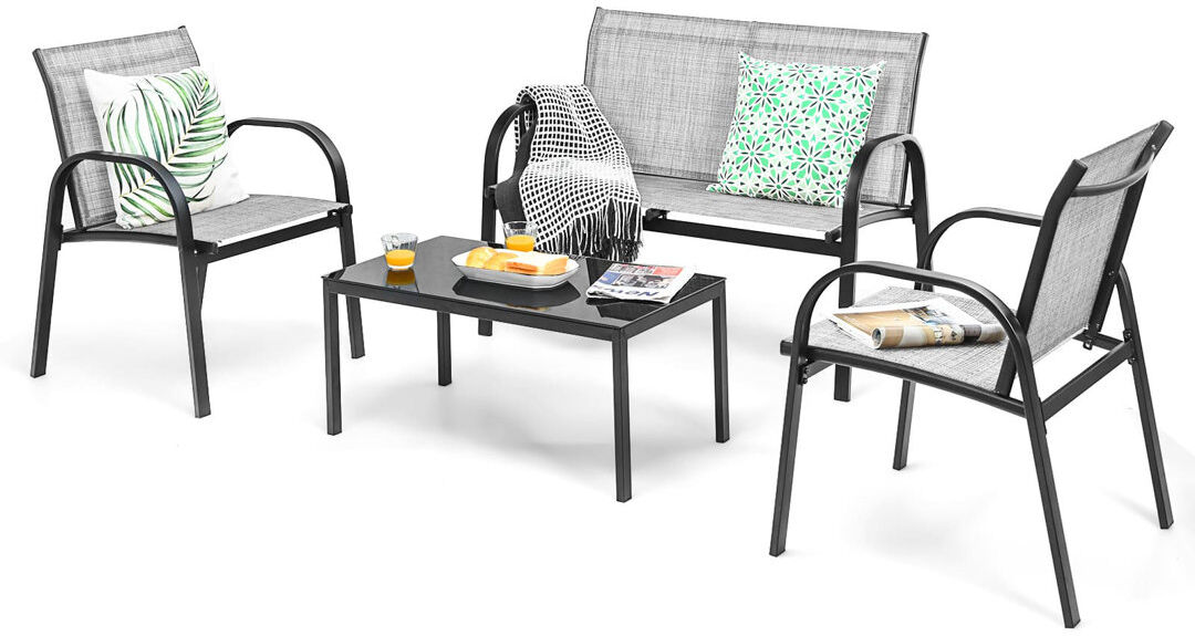 17 Stories 4-Piece Patio Furniture Set With 2 Chairs & Glass Coffee Table-Brown Black/Grey 4