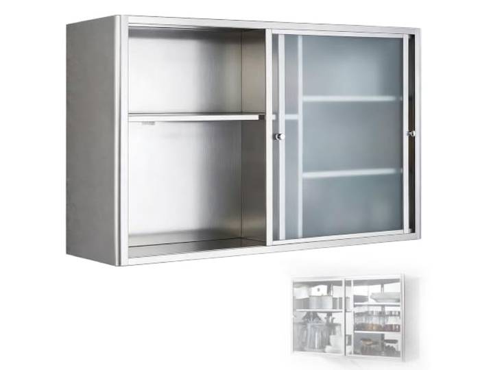 YUE JJXN Edelstahl Wandschrank Küche, Rahmen mit 2-Schienen Schiebetür Edelstahl Küchenschrank Wandmontage, Verstellbare Einlegeböden, für Garage und Lager(80x38x50cm/31.5x11.8x19.7in)