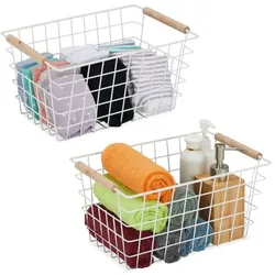 Relaxdays Drahtkorb mit Holzgriffen 2er Set Weiß,Hellbraun