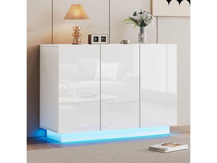 Buffet - GUTENT - 120x40x75CM - Éclairage LED - 3 Portes - Brillant Blanc
