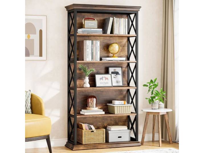 Finmind Bibliothèque étagère sur Pied de 180cm de Haut Bibliothèque en Bois à 6 étages pour Salon Industriel Brun Vintage