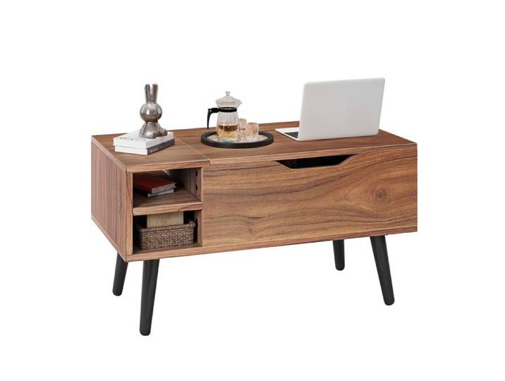 BALCONERA Table basse relevable à ressort avec rangement caché étagère réglable – Chêne rustique 80x40x43.5 cm