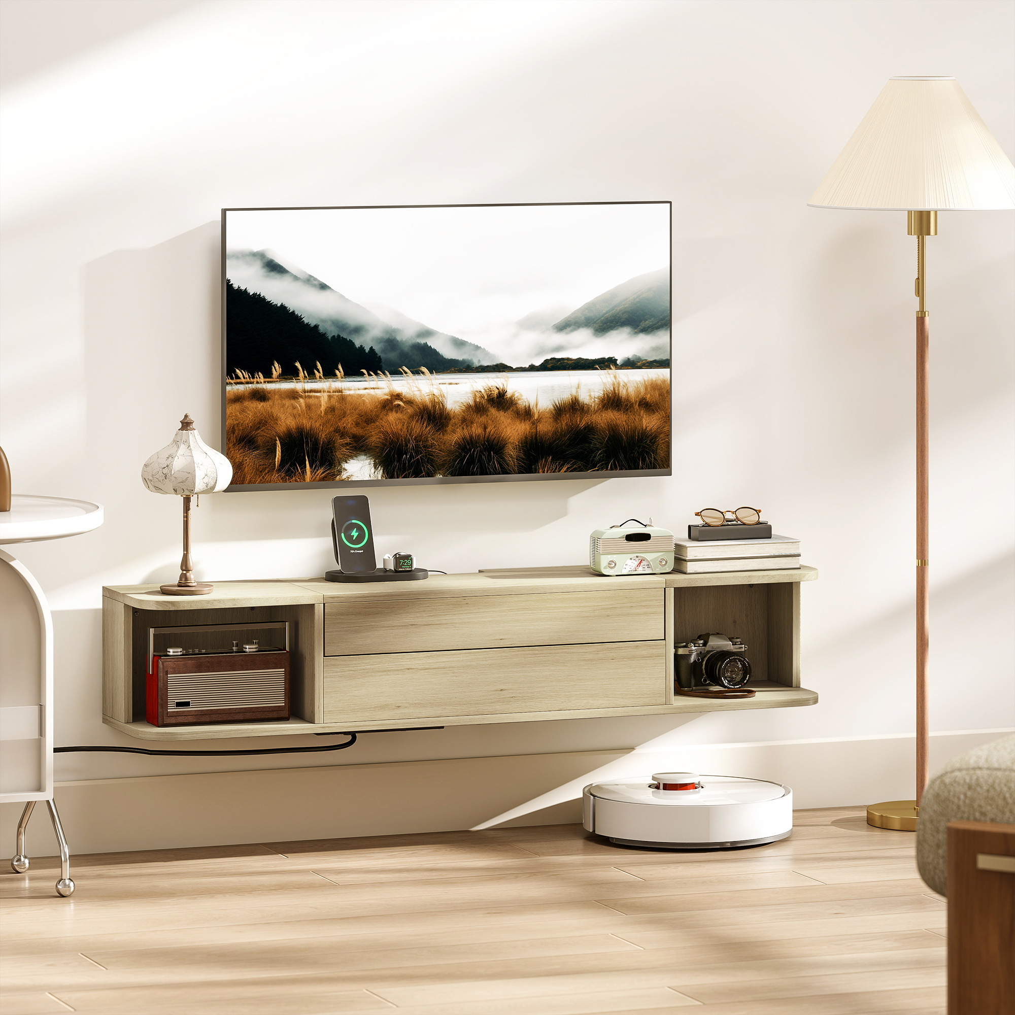 Homcom Mobile TV sospeso con cassetto, mensole e passacavi, 120x24x22,4 cm, legno   Aosom Italy