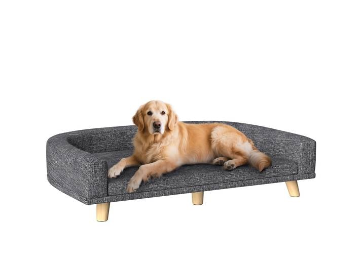 Canapé pour grands chiens, lit surélevé pour chien avec coussin lavable et pieds en bois, capacité de charge 40 kg, 98x67x25 cm, gris foncé
