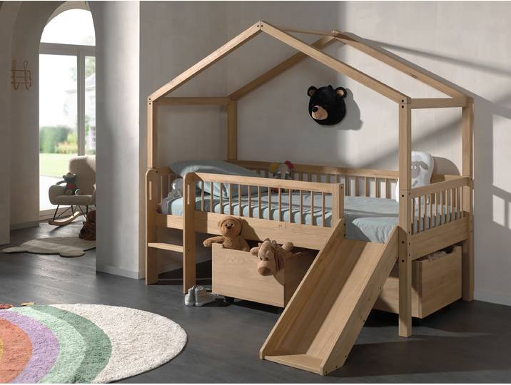 Massives Spiel-Hausbett 90 x 200cm Braun/Eiche mit Rutsche