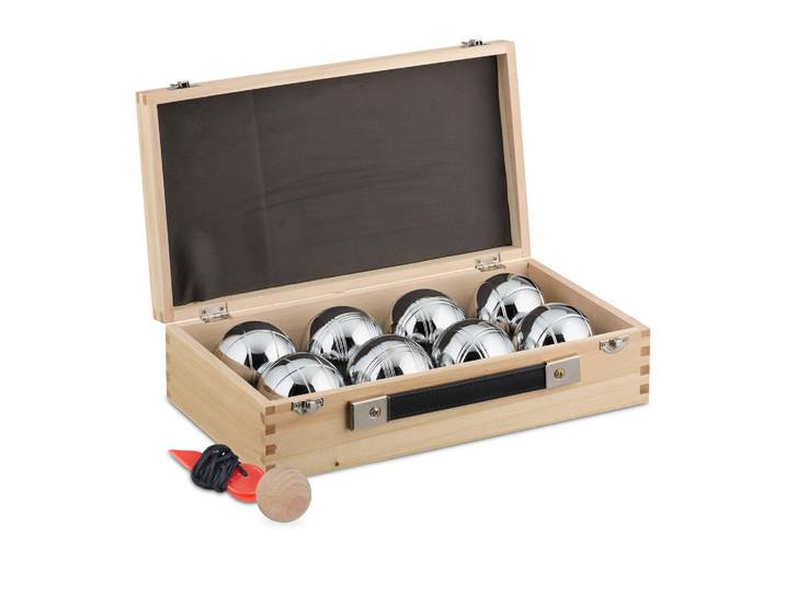 Relaxdays Boulekugeln Silber Natur 8er-Set Holzkoffer, Mehrfarbig, Holz, Metall, 35x9 cm, Freizeit & Co, Gartenspielzeug