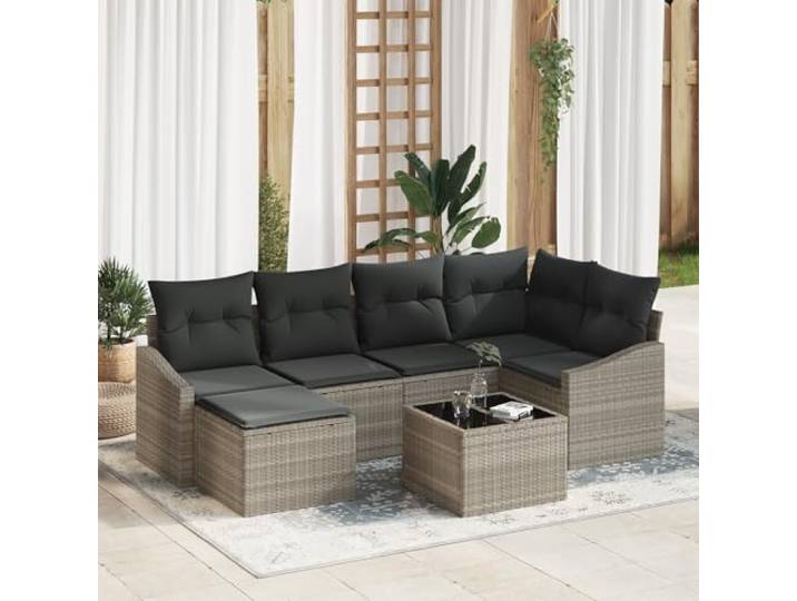 HEFZGDB 7-teiliges Garten Esszimmer Set mit Kissen Grau Poly Rattan, Wetterfestes Outdoor-Möbel für Terrasse und Balkon, Robuste Konstruktion mit Modularem Design und Bequemen