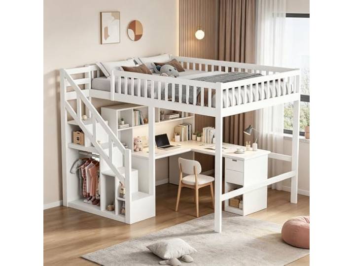 JiaOyu Etagenbett 140x200, Massivholz-Kinderbett mit Sicherheitstreppe & Aufbewahrungsschrank, Platzsparendes Jugendbett mit Lattenrost, Mehrzweck-Spielbett für Kinderzimmer Weiß (140x200cm)