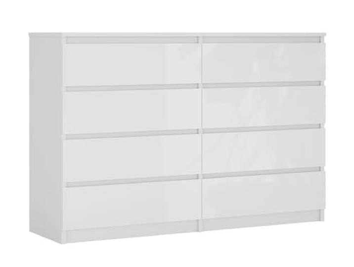 3xE Living Kommode 138 cm, 8 Schubladen, Weiß Matt/Weiß Glanz, 138 x 39 x 102 cm