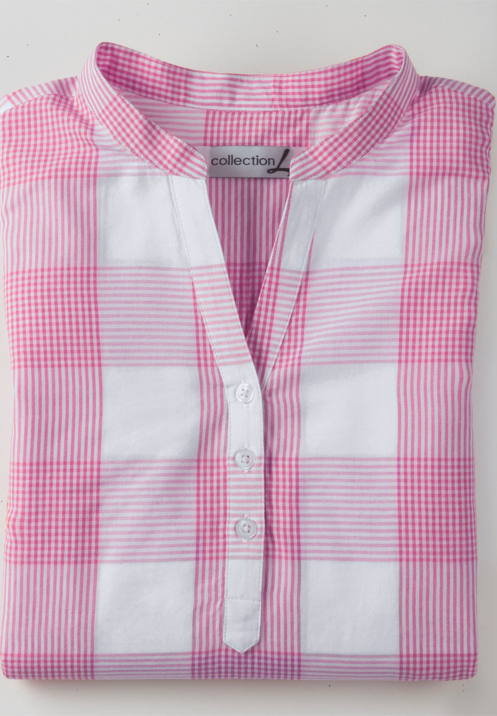 Shirtbluse WITT "Bluse Baumwollbluse mit Stehkragen, kariert", Damen, Gr. 42, pink, weiß, kariert, Batist, , Sportlich, V-Ausschnitt, Blusen Shirtbluse
