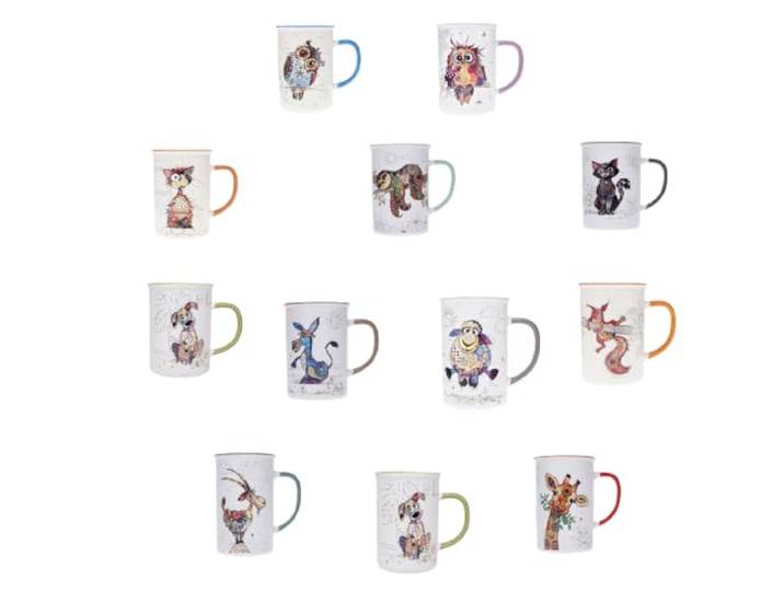 KIUB Set mit 12 Tassen mit Tieren (Katze, Hund, Eichhörnchen, Faultier, Giraffe, Schaf...) Fassungsvermögen 360 ml – Höhe 11,5 cm – Porzellan