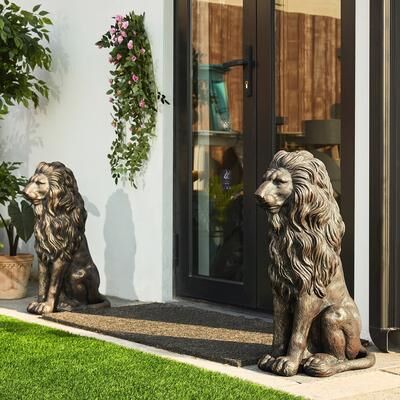 "Glitzhome 28""H Oversized MGO Guardian Sitting Lion Garden Statue Porch Sculpture Indoor Outdoor"