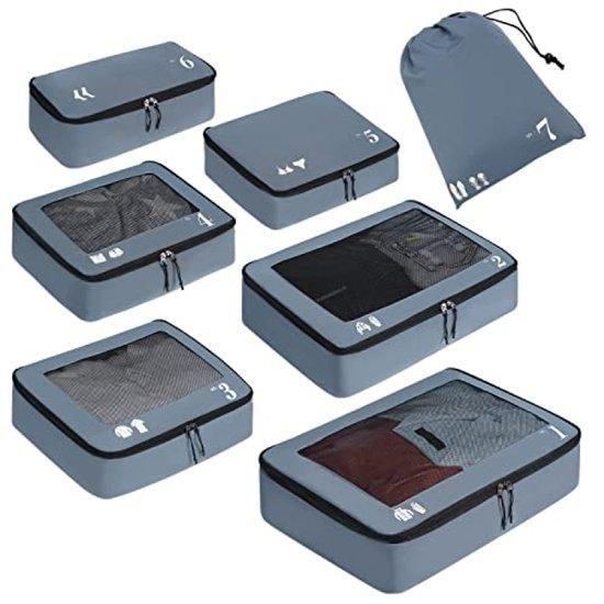 7-delige grijze reisorganizer set voor kleding en schoenen
