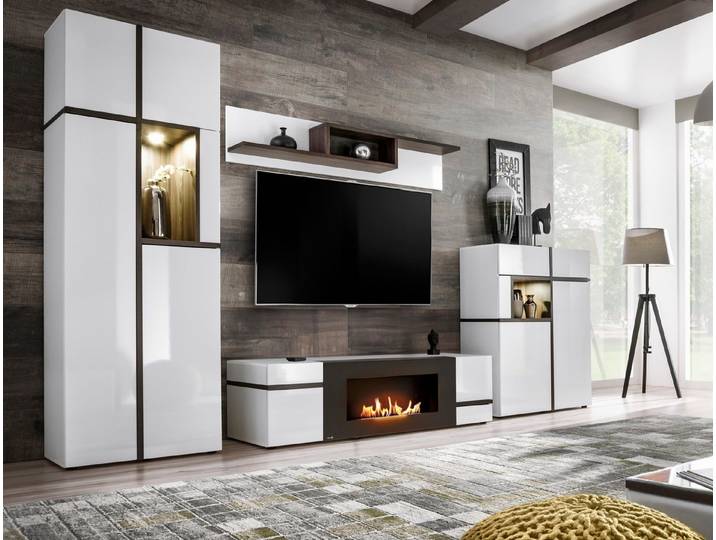 ASM-Moebel Wohnwand Wohnwand CROSS CS-K Hochglanz / Lamellen Ethanol Kamin Led Push-Click, Mit Bio-Ethanol Kamin, Led Beleuchtung und Push-Click System.