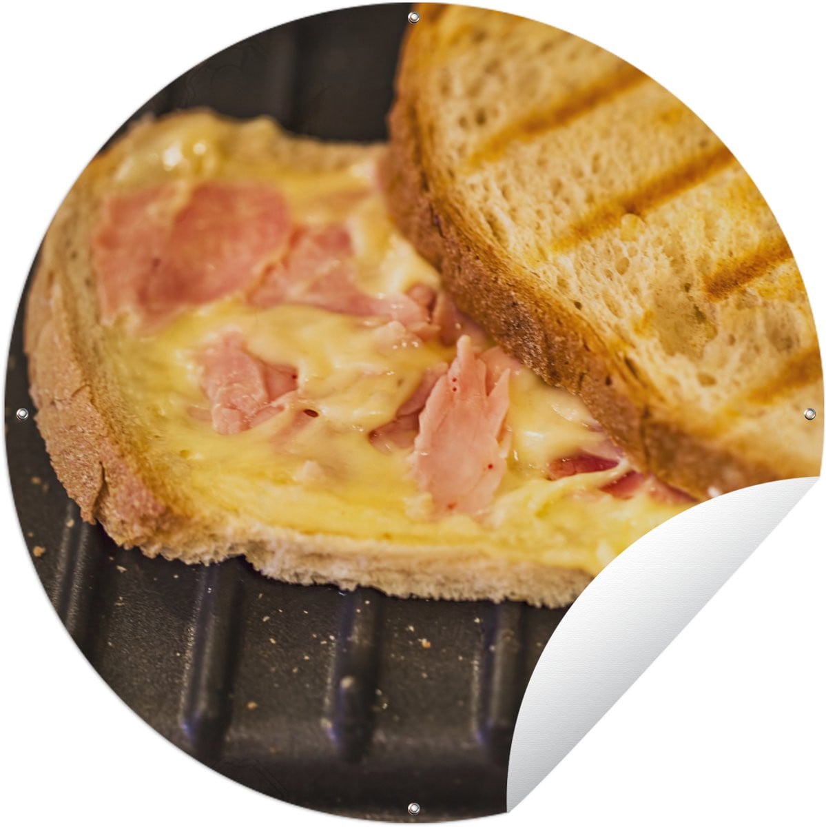 Ronde Tuinposter Tuincirkel Tosti met ham en kaas op tosti-ijzer - 90 x 90 cm