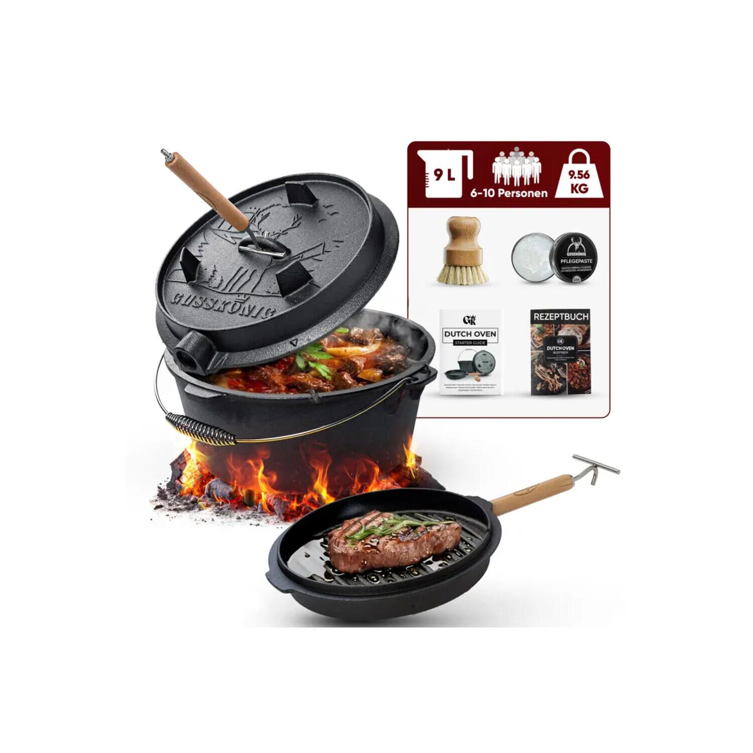 GUSSKÖNIG Eingebrannter Dutch Oven Set 9L mit Füße GK-5