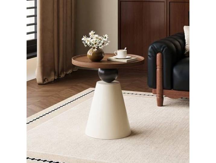 Kleiner Moderner Runder Beistelltisch, Mini Sofatisch für Wohnzimmer Sinterstein Holz Tischplatte, Konischer Eisenfuß, Akzent Tisch für Schlafzimmer(D,45*50cm/17.7*19.7in)