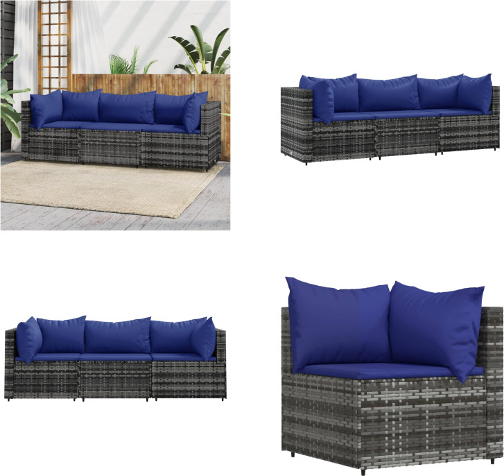vidaXL 3 tlg. Garten Lounge Set mit Kissen Grau Poly Rattan - Garten Lounge Set - Garten Lounge Sets - Outdoor Lounge Set - Lounge Set Terrasse