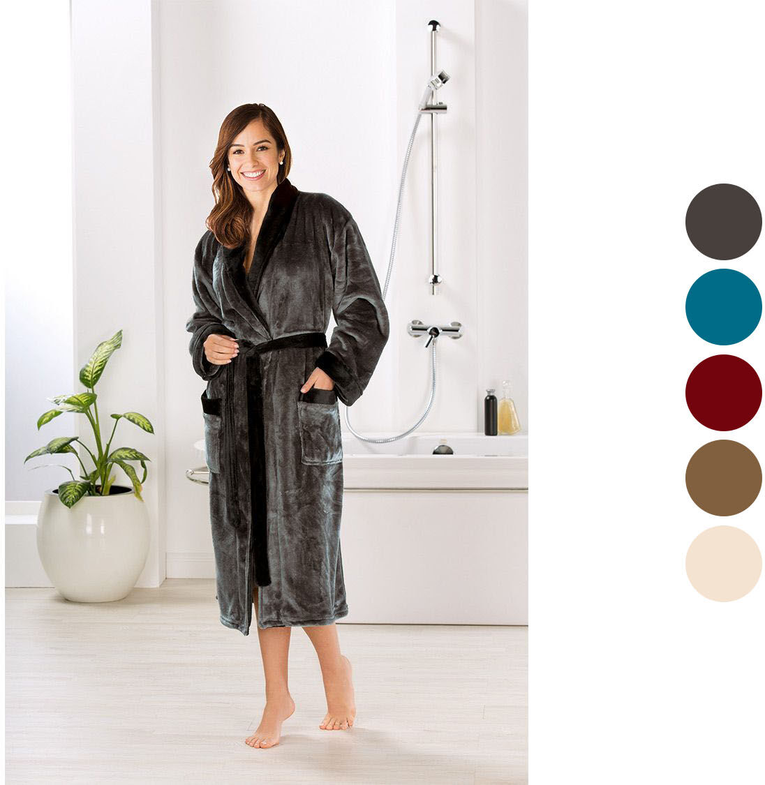GÖZZE Bademantel, unisex, Seiden-Feeling, mit Schalkragen, 2 Taschen und Gürtel